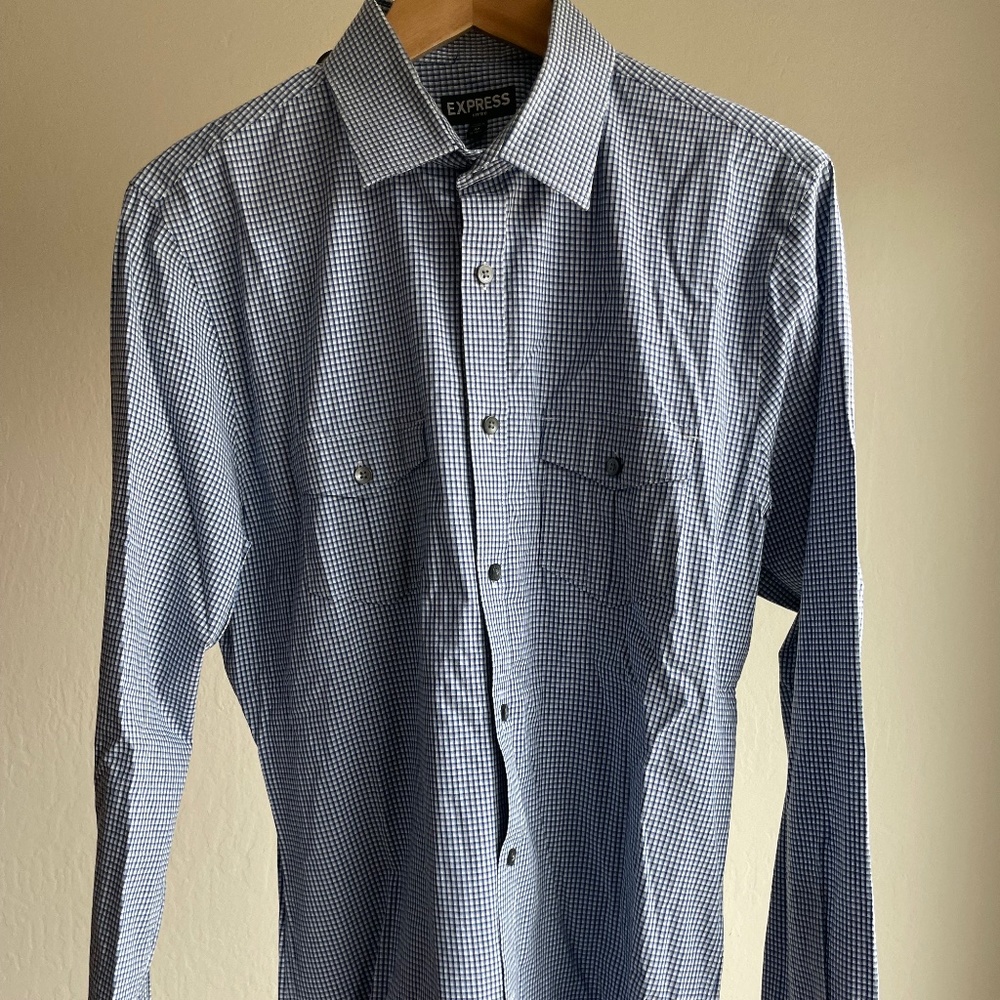 Express Men Blue Plaid Double-pocket Button Down, Size M (15-15.5) - Modern Fit